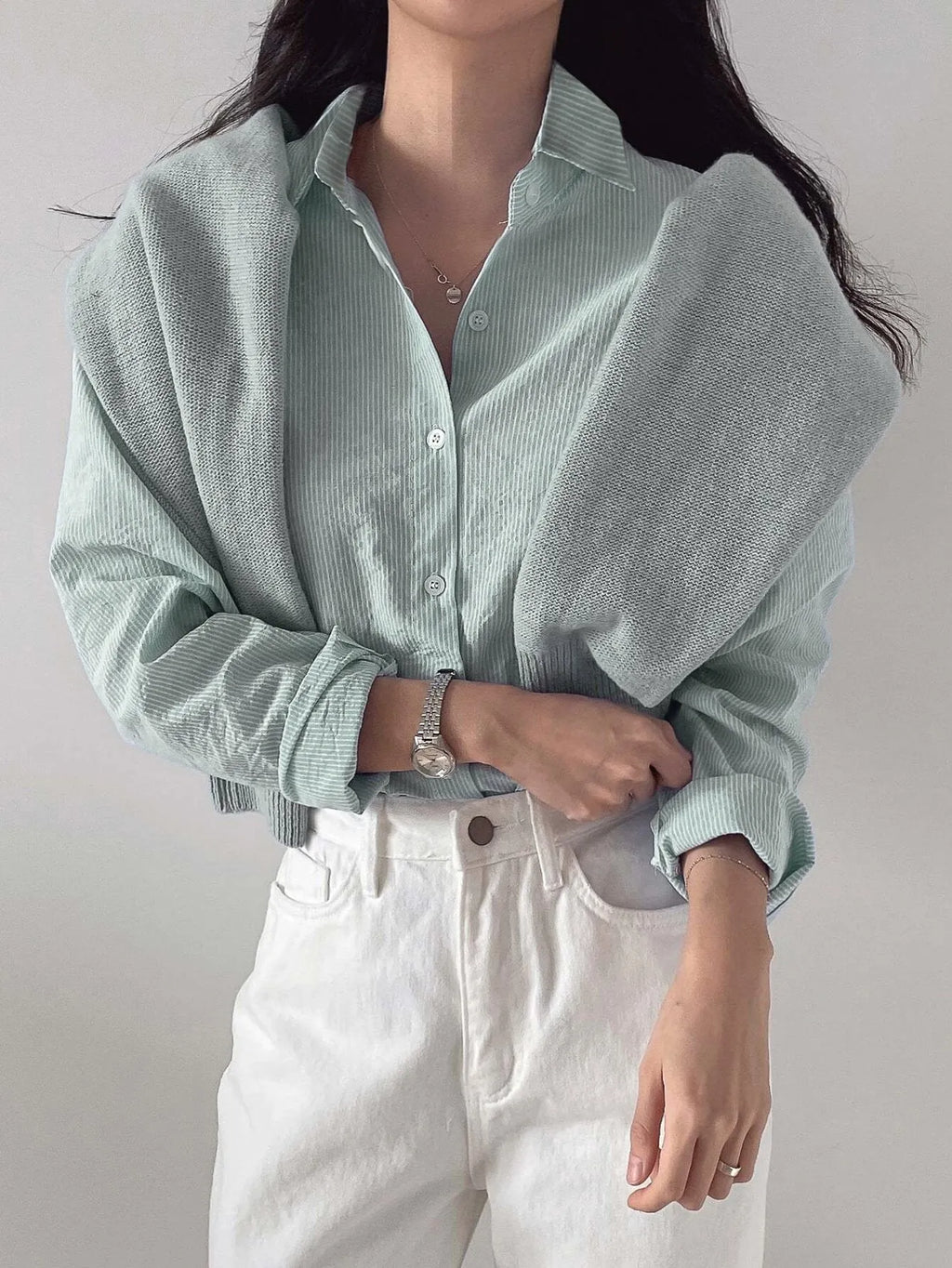 Blusa Feminina Manga Longa Modelo Camisa Verde