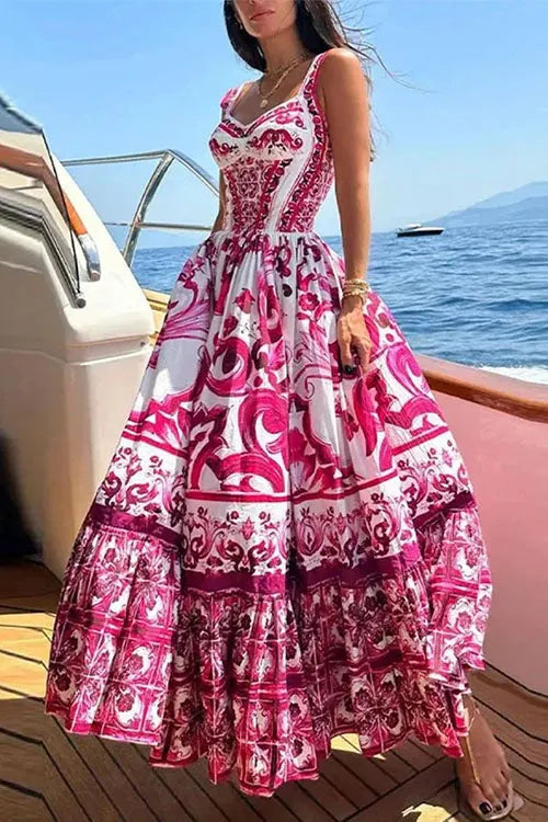 V Neck Waisted Floral Print Swing Maxi Cami Dress