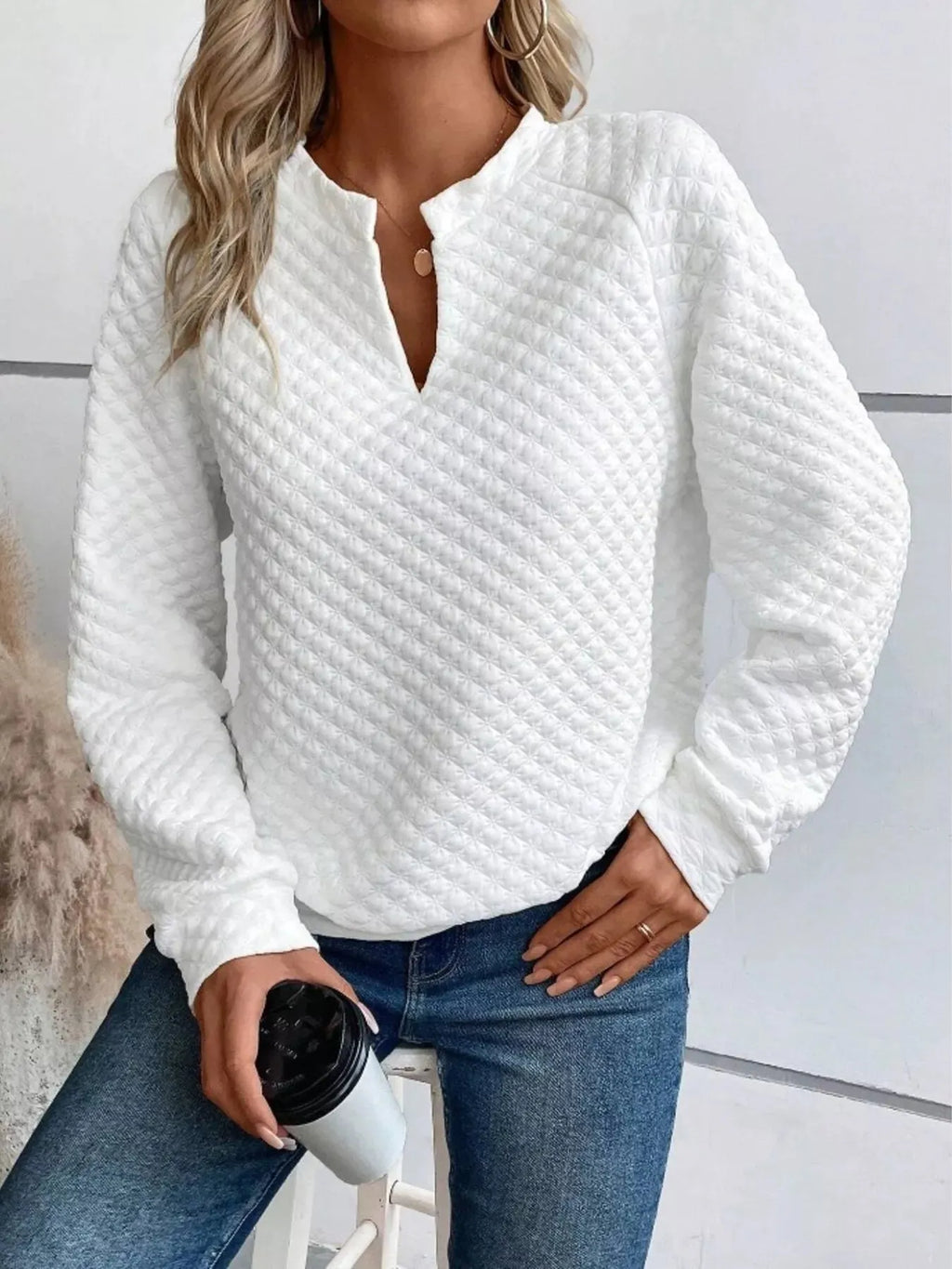 Textured Long Sleeve Notched Sweatshirt