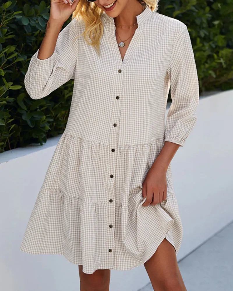 - kariertes A-Linien-Kleid mit Knopfleiste fÃ¼r Damen Ã¤hnelt einem Hemdblusenkleid