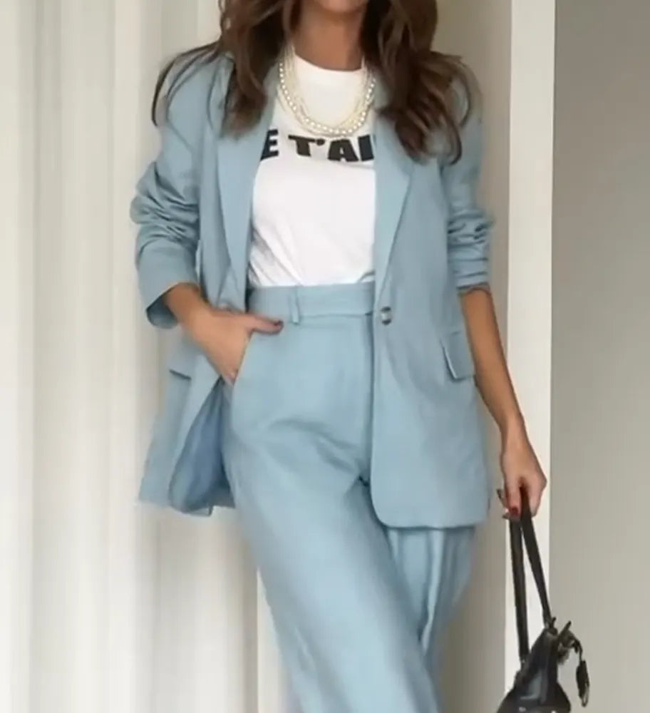 Elegant Blue Women's Blazer Set with Pants and Vest