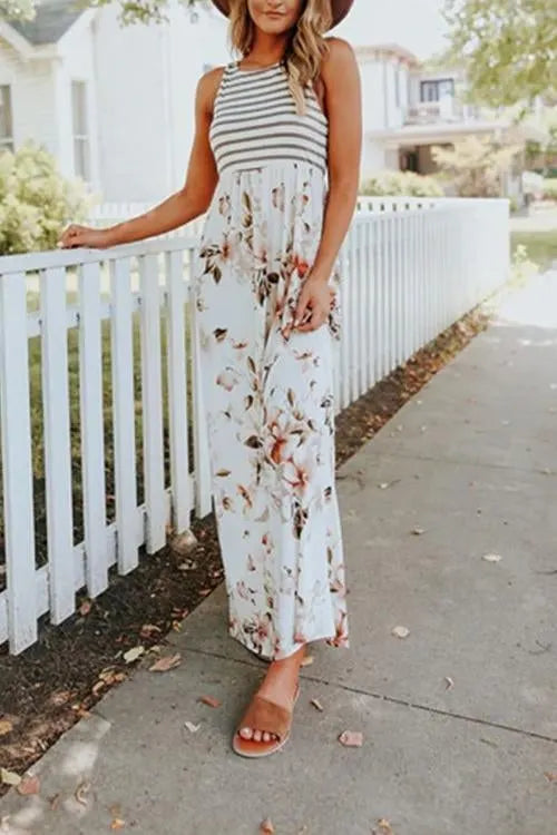 Stripes Splice Floral Printed Maxi Dress
