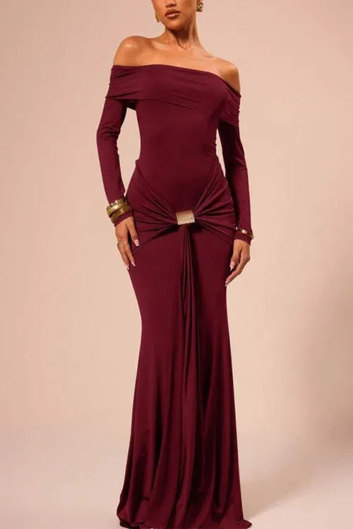 Off Shoulder Knot Front Bodycon Maxi Party Dress