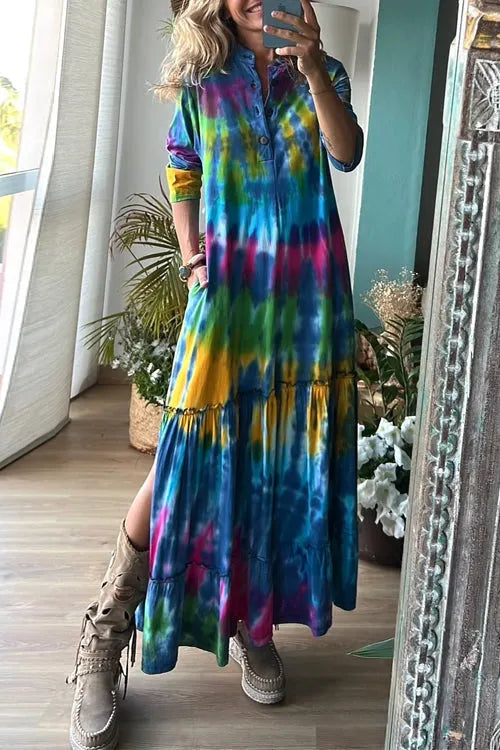Long Sleeves Button Up Side Slit Tie Dye Ruffle Maxi Dress