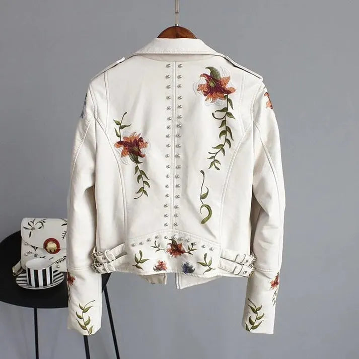 Idaira - Læderjakke med blomsterbroderi