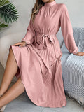 BEA | Elegante Damesjurk met Opstaande Kraag, Lange Mouwen & Geplooide Rok