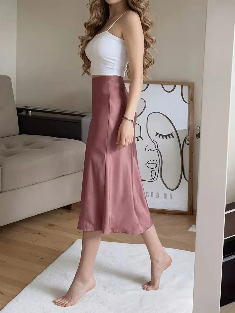 Satin Skirt for Women with High Split and Knot Details