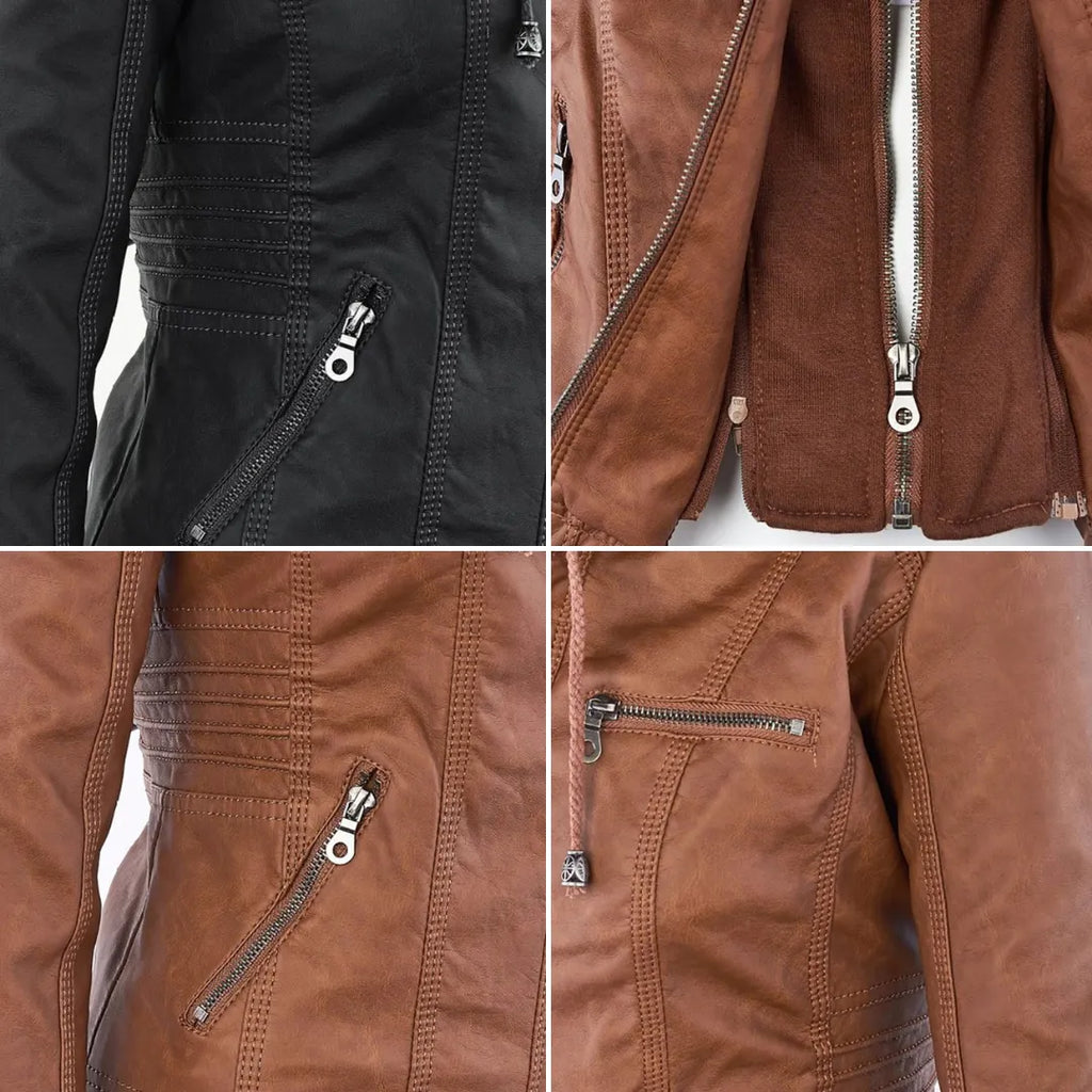 - Damen Lederjacke mit Kapuze