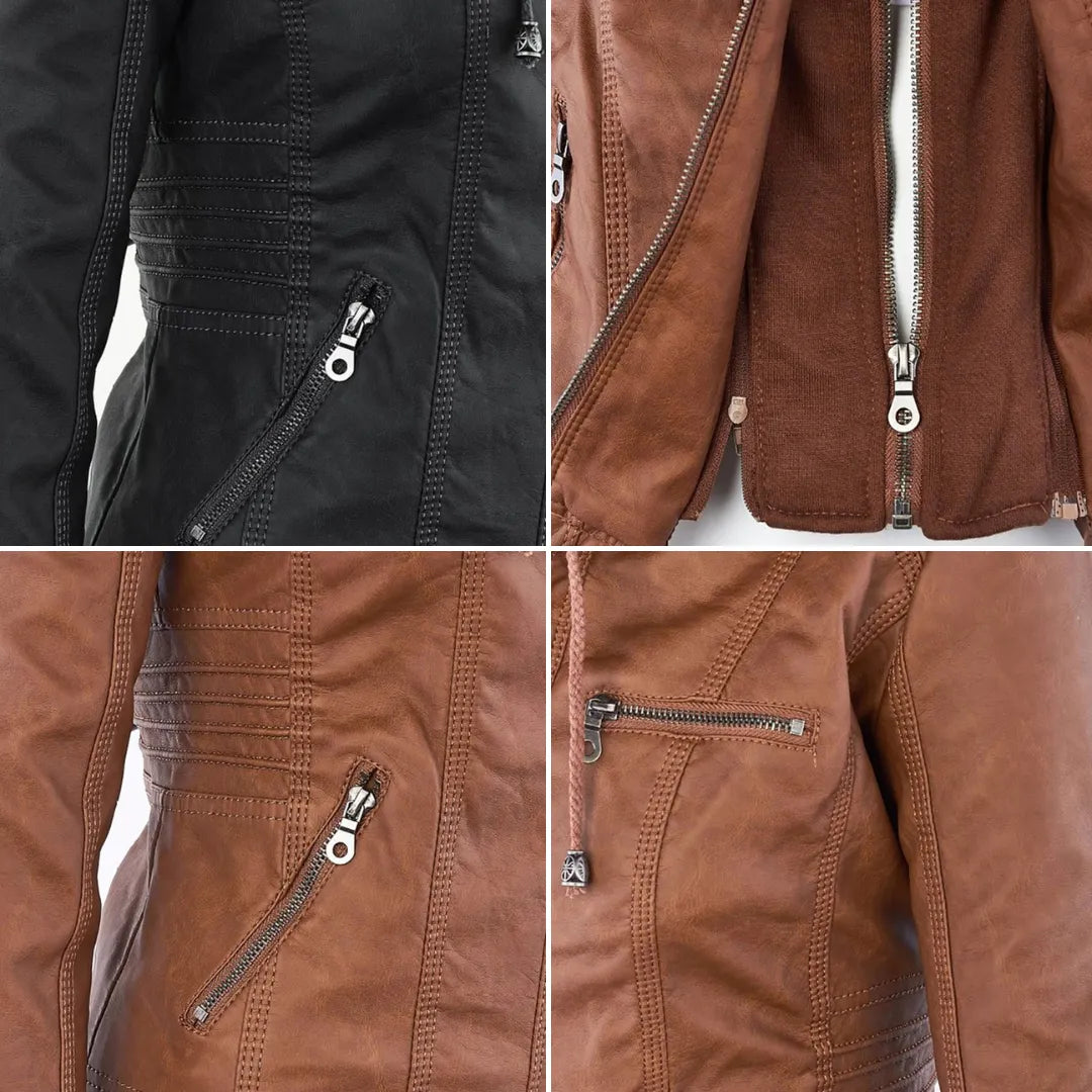 - Damen Lederjacke mit Kapuze
