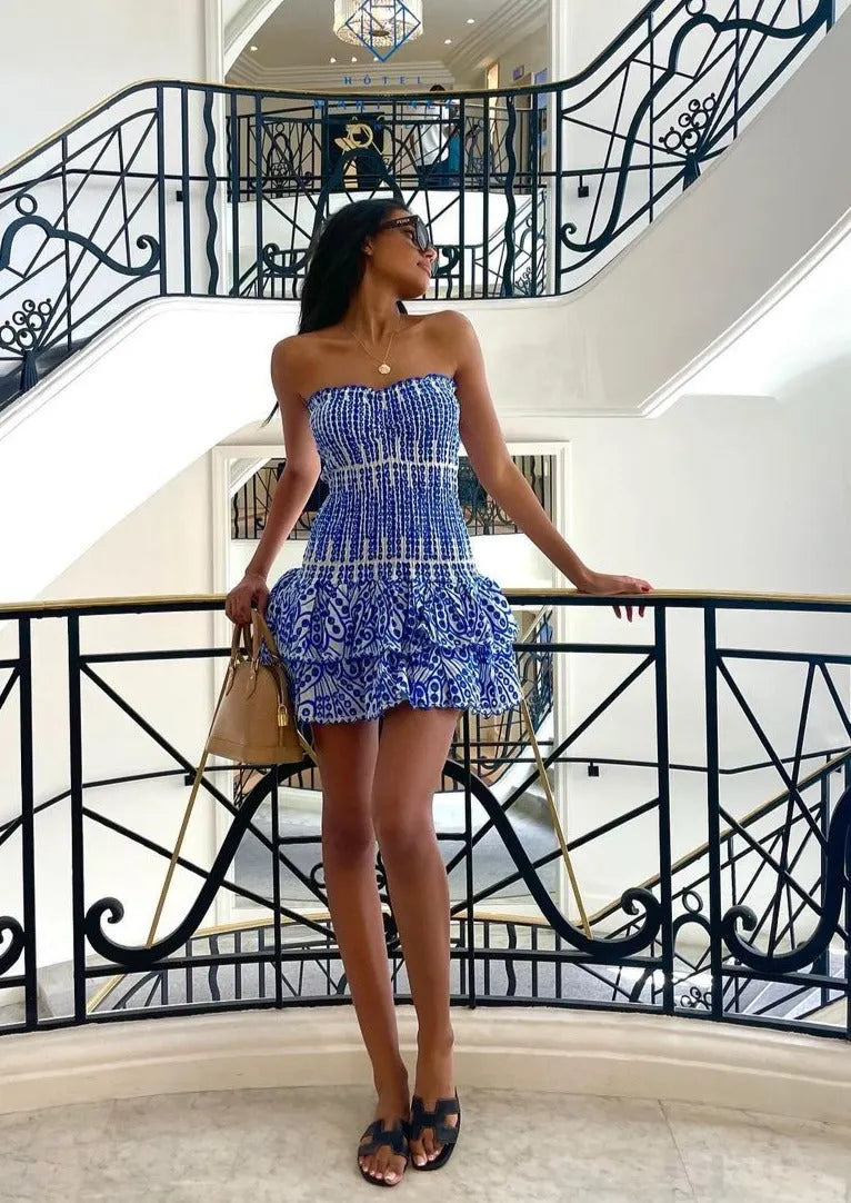 DOLCE | Strapless Zomerjurk Met Borduursel in Blauw â€“ Elegant, Luchtig & Verfijnd!