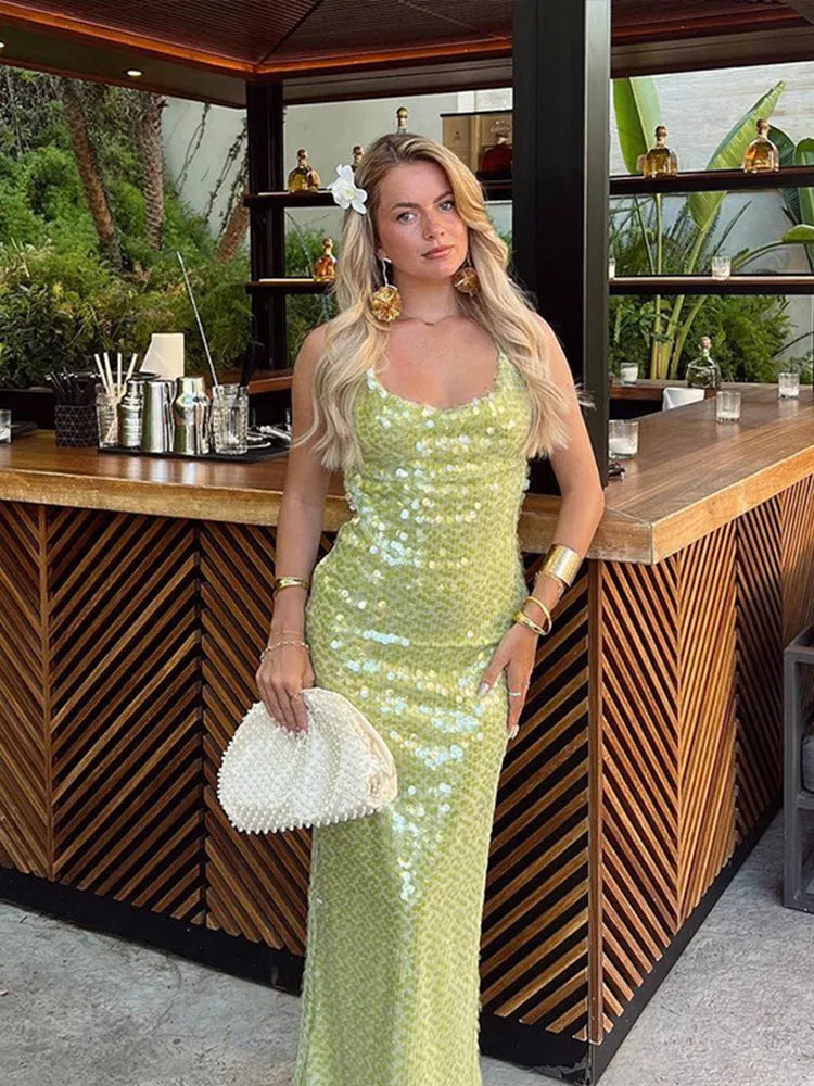 Pailletten Maxi-Kleid – Funkelnde Spaghetti-Träger