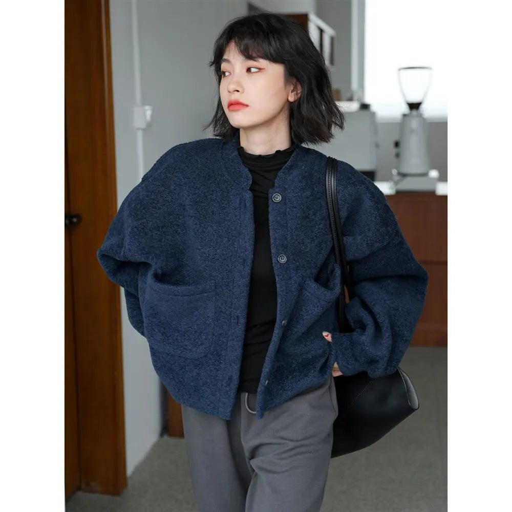 Lässig Lang Ärmel Taschen Blau Jacke