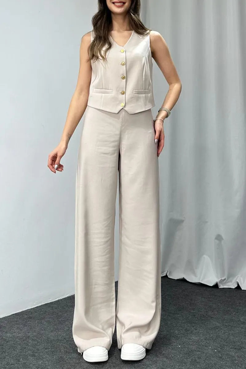 Casual Solid Color Buttons V Neck Sleeveless Two Pieces(4 Colors)
