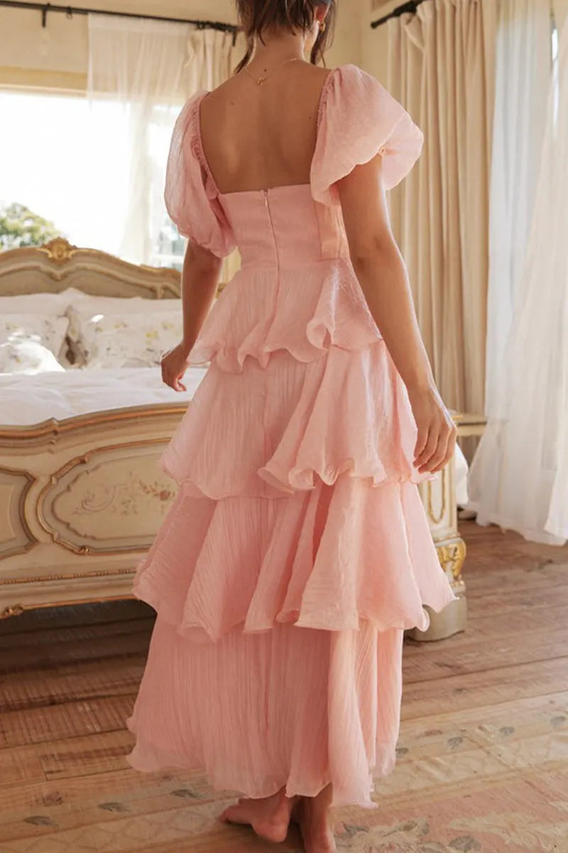 Casual Backless Flounce Square Neck Cake Skirt Dresses