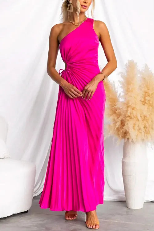 One Shoulder Drawstring Cut Out Pleated Swing Maxi Dress