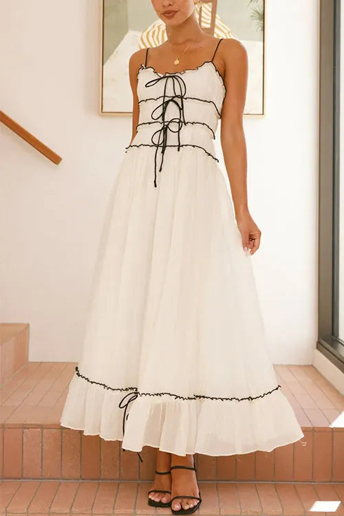 Spaghetti Strap Frill Trim Tie Bow Maxi Dress