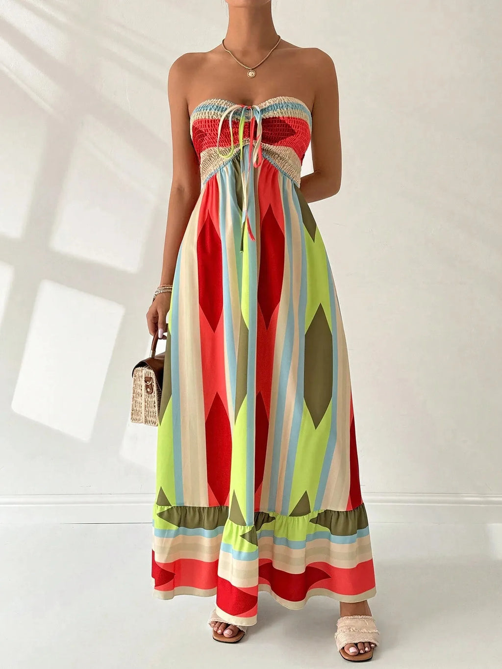 Vestido Longo GeomÃ©trico Multicolorido Bandeau