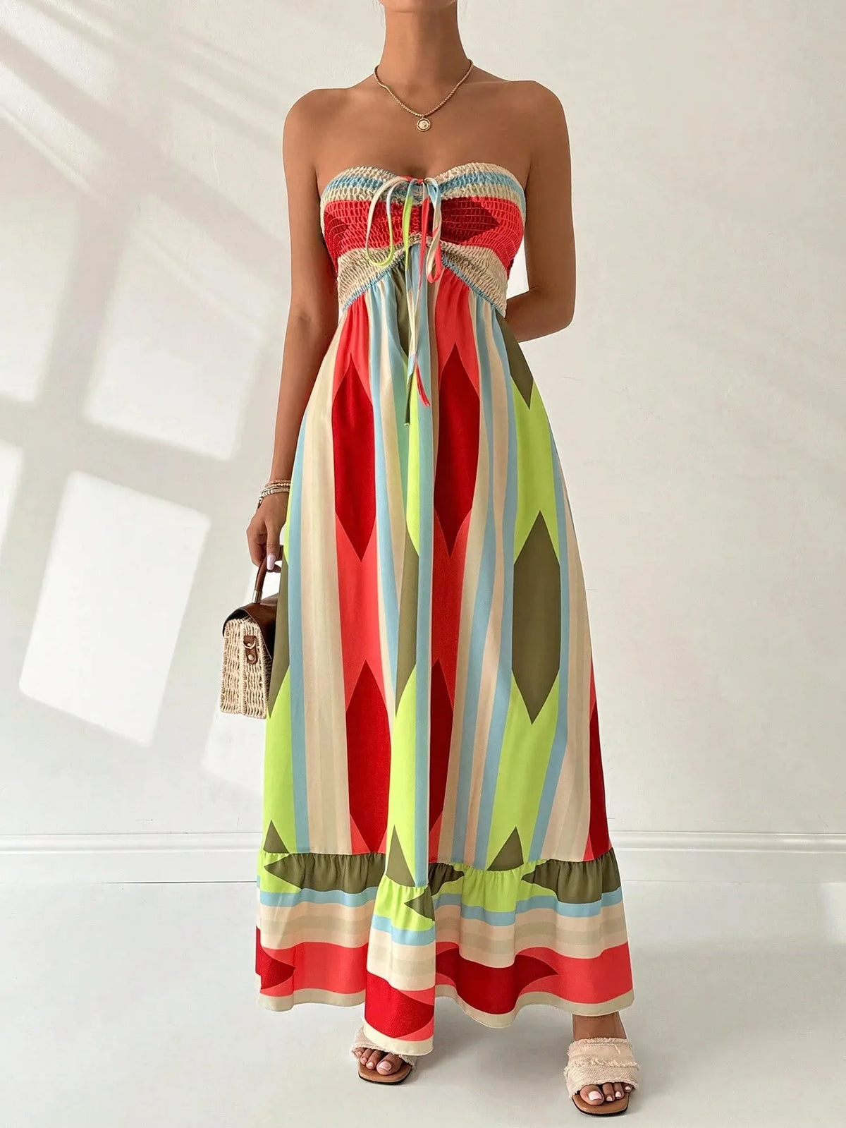 Vestido Longo GeomÃ©trico Multicolorido Bandeau