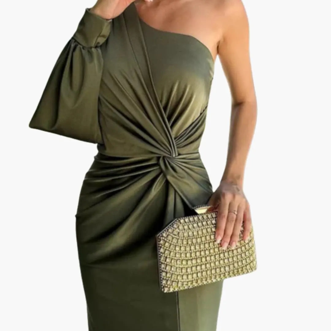 Womenâ€™s Midi Dress with Asymmetrical Neckline