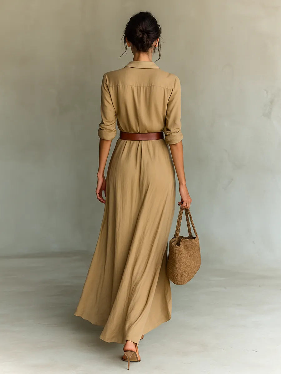 Festliche Kleider Damen - Elegantes Langes Hemdblusenkleid mit Gürtel für Tag und Abend, Ideal für Jeden Anlass