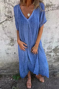 V Neck Loose Fit Cotton Linen Midi Dress
