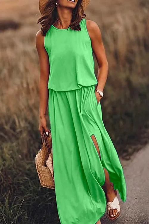 Sleeveless Waisted Slit Maxi Tank Dress