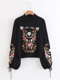 Casual Floral Embroidered Long Lantern Sleeve Women Sweaters