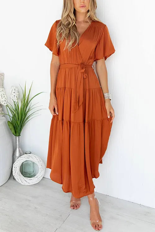 Wrap V Neck Flutter Sleeves Tie Waist Tiered Midi Dress