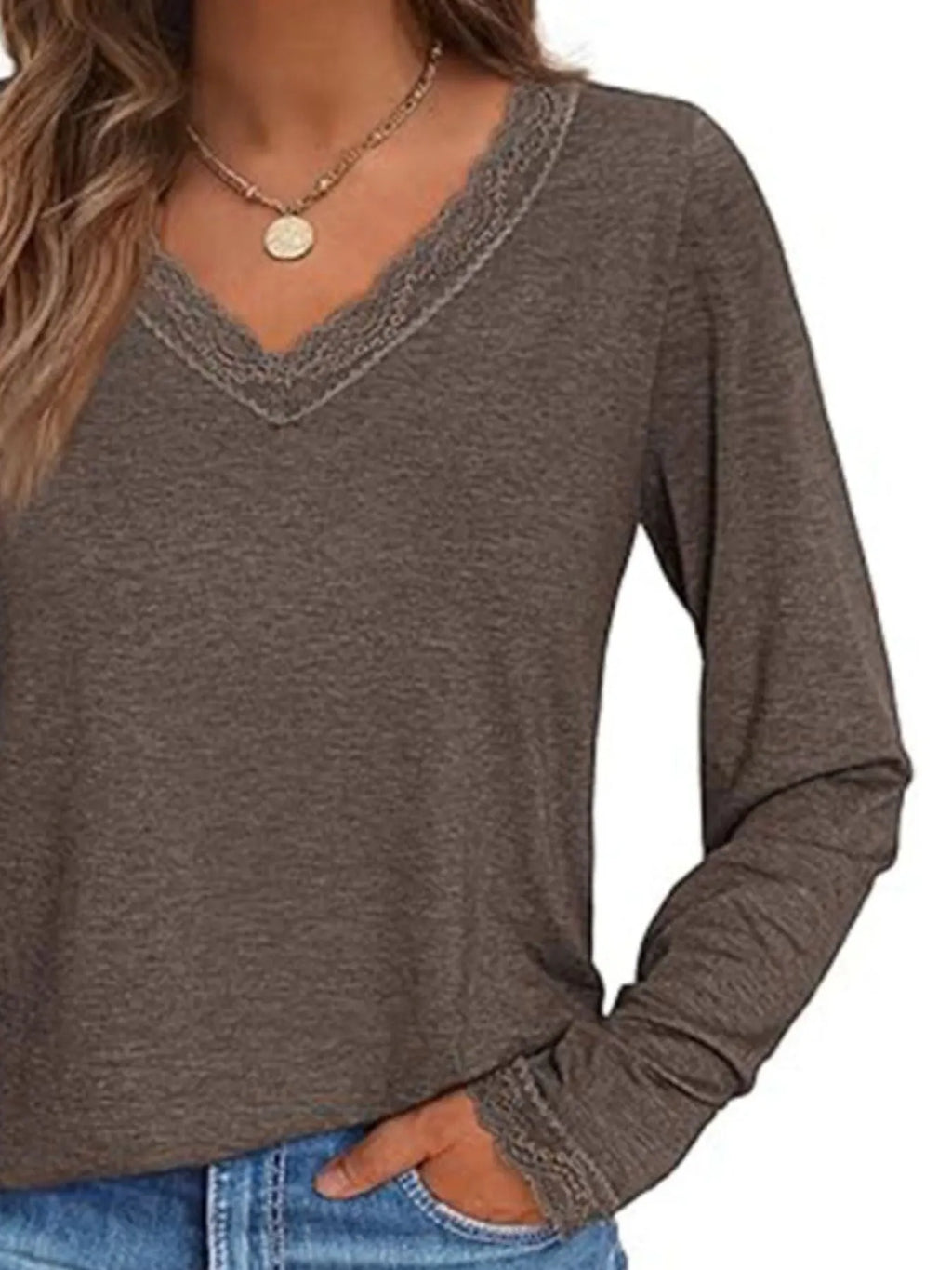 Lace Trim V-Neck Long Sleeve T-Shirt