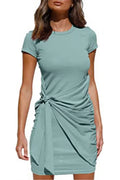 Crewneck Short Sleeve Tie Knot Waist Dress