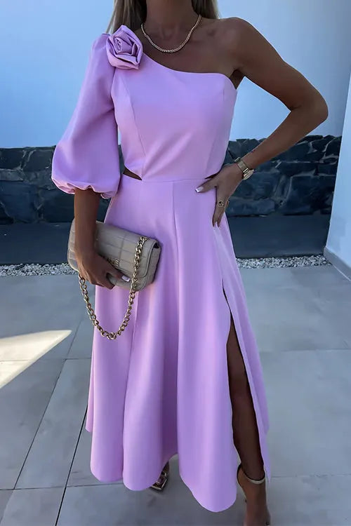3D Rose One Shoulder Cut Out Waist Slit Midi Satin Dress