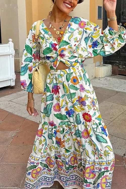 3/4 Sleeves Twist Front Floral Print Tiered Maxi Dress