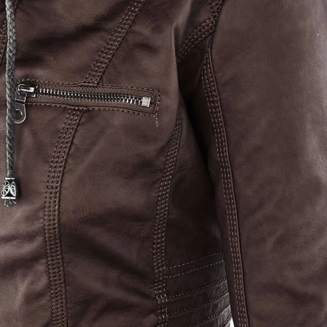- Damen Lederjacke mit Kapuze