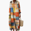 Womenâ€™s V-Neck Long Sleeve Ankle-Length Dress â€“ Geometric Patchwork