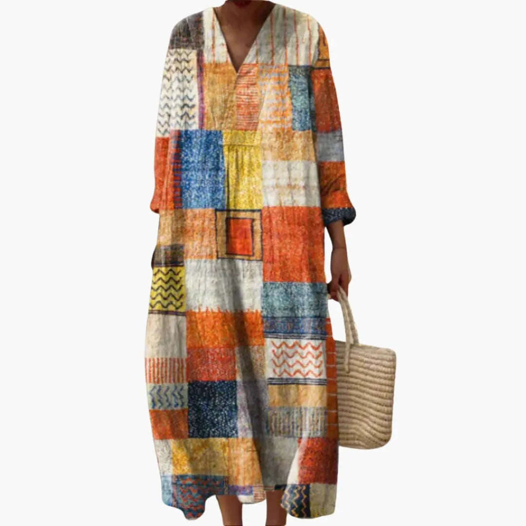 Womenâ€™s V-Neck Long Sleeve Ankle-Length Dress â€“ Geometric Patchwork