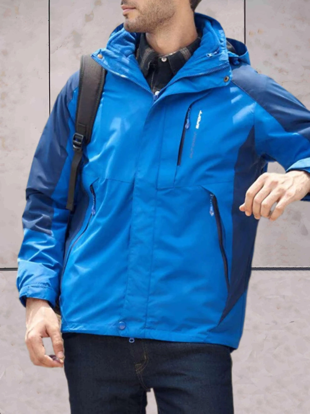 Wind- und wasserdichte Wanderjacke mit Kapuze, Taschen und doppeltem ReiÃŸverschluss und Knopfverschluss