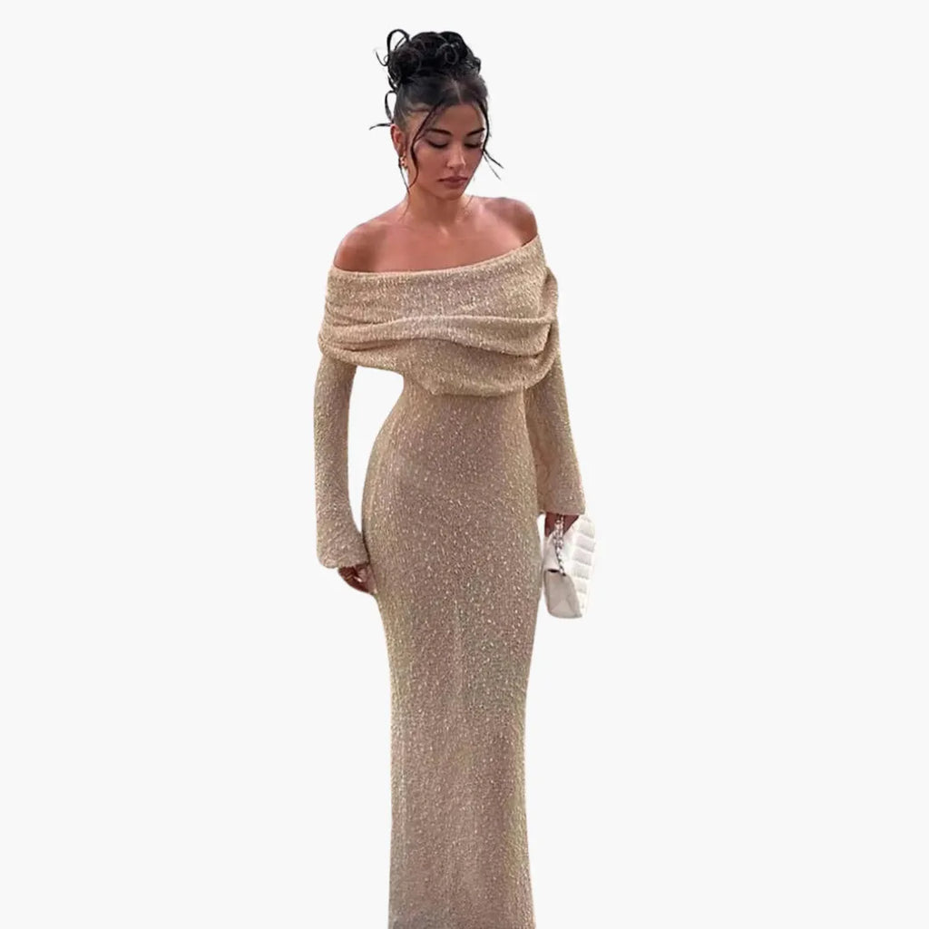 Womenâ€™s Off-Shoulder Maxi Dress with Decorative Finish