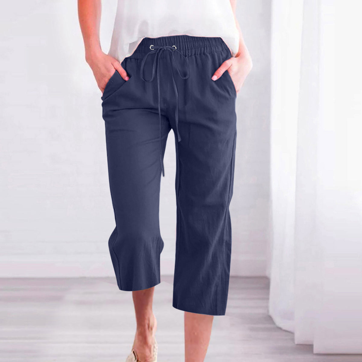 Women's Casual Summer Linen Pants High Waisted Loose Yoga Sweatpants Crop Pants with Pockets