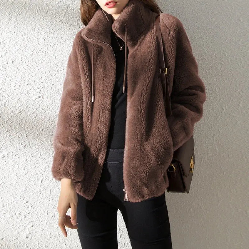 Warm Soft Women's Teddy Coat with High Collar and Zipper