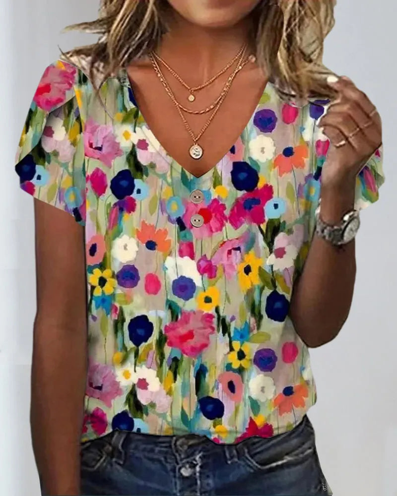 KurzÃ¤rmlige Farbenfrohe Blumenbluse mit V-Ausschnitt