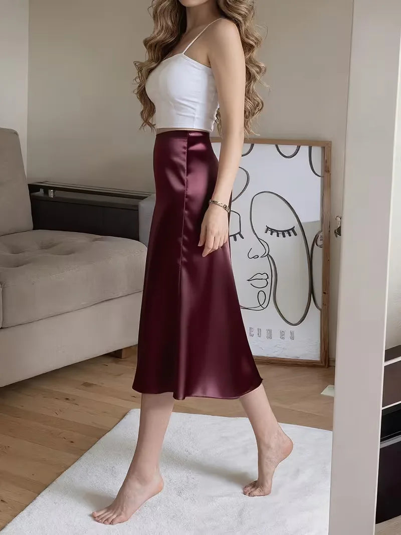 Satin Skirt for Women with High Split and Knot Details