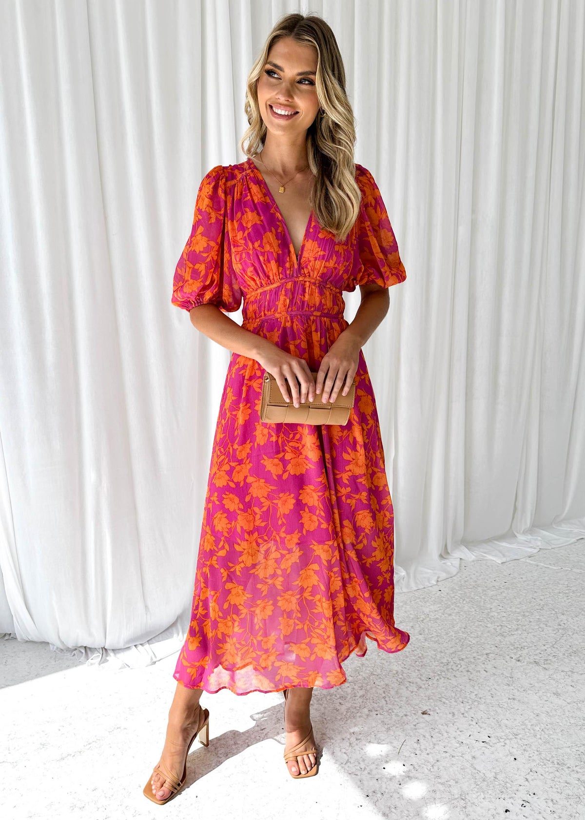 Blumen Maxi-Kleid – Fließend, V-Ausschnitt