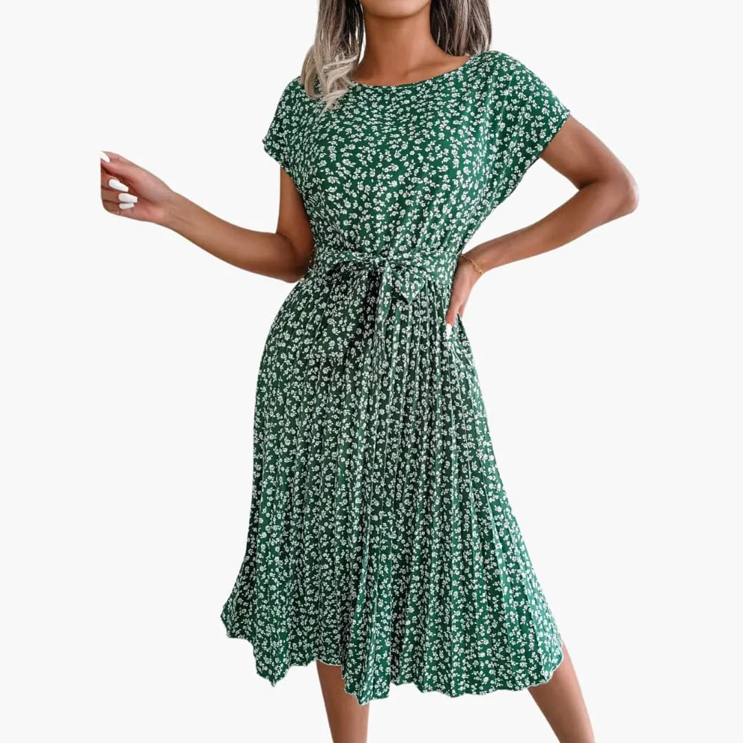 Womenâ€™s Summer Dress with Belted Waist and Floral Print