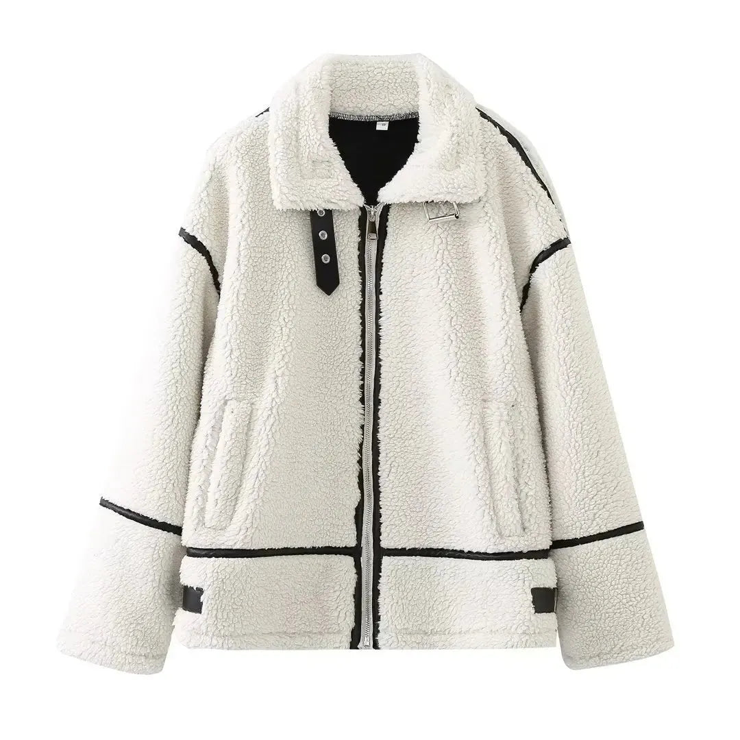 ELIN | Wollen Teddy Jas Voor Dames Met Leren Details â€“ Warm, Stoer & Ideaal Voor Koude Dagen
