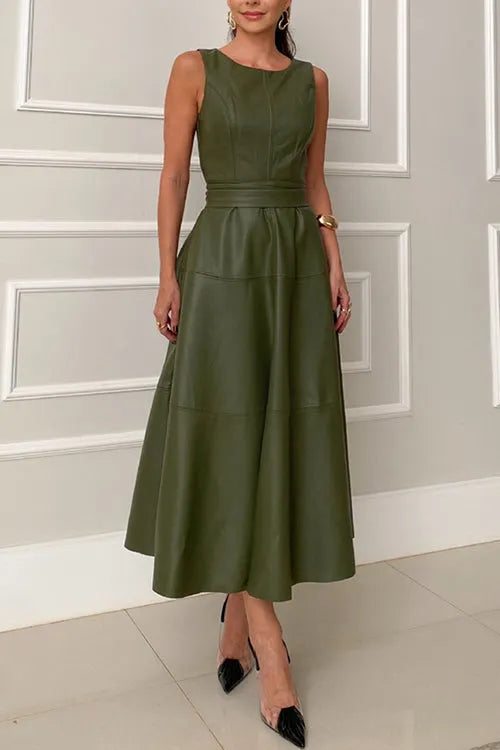 Sleeveless Tie Waist Ruffle Tiered Faux Leather Midi Dress