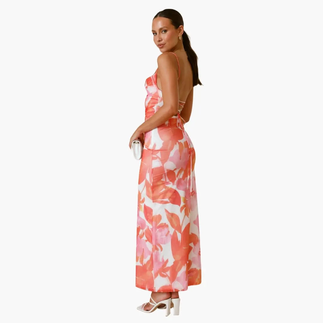 Womenâ€™s maxi dress with cowl neckline and lace-up back