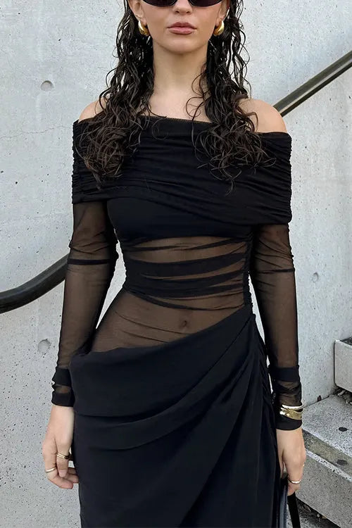 Off Shoulder Long Sleeves Mesh Splice Maxi Dress