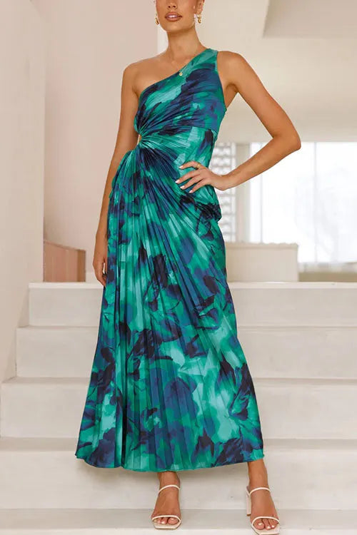 One Shoulder Drawstring Cut Out Printed Maxi Pleated Dress