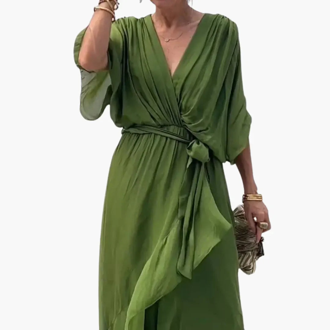 Womenâ€™s Midi Dress with Tie and Sleeves