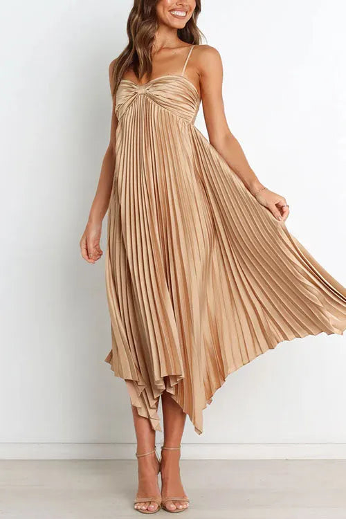 Spaghetti Strap Irregular Hem Pleated Swing Midi Dress